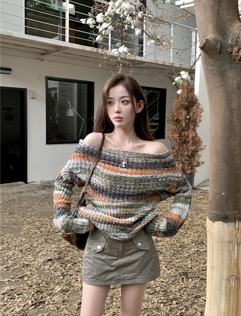 Strapless mixed color short long sleeve sweater for women