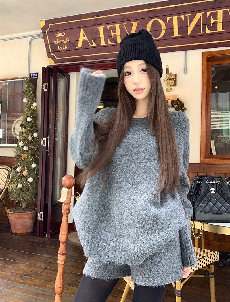 Knitted sweater autumn and winter shorts 2pcs set for women