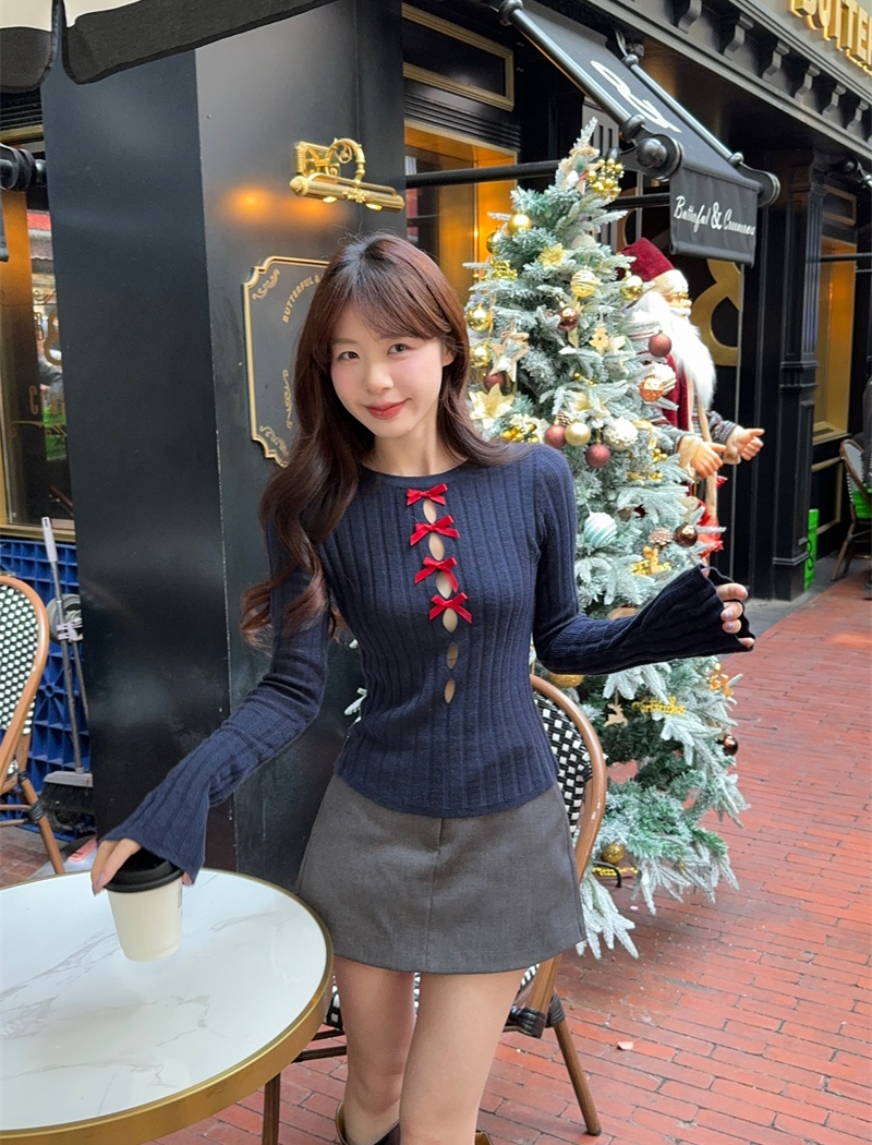 Bow autumn and winter tops pinched waist hollow sweater