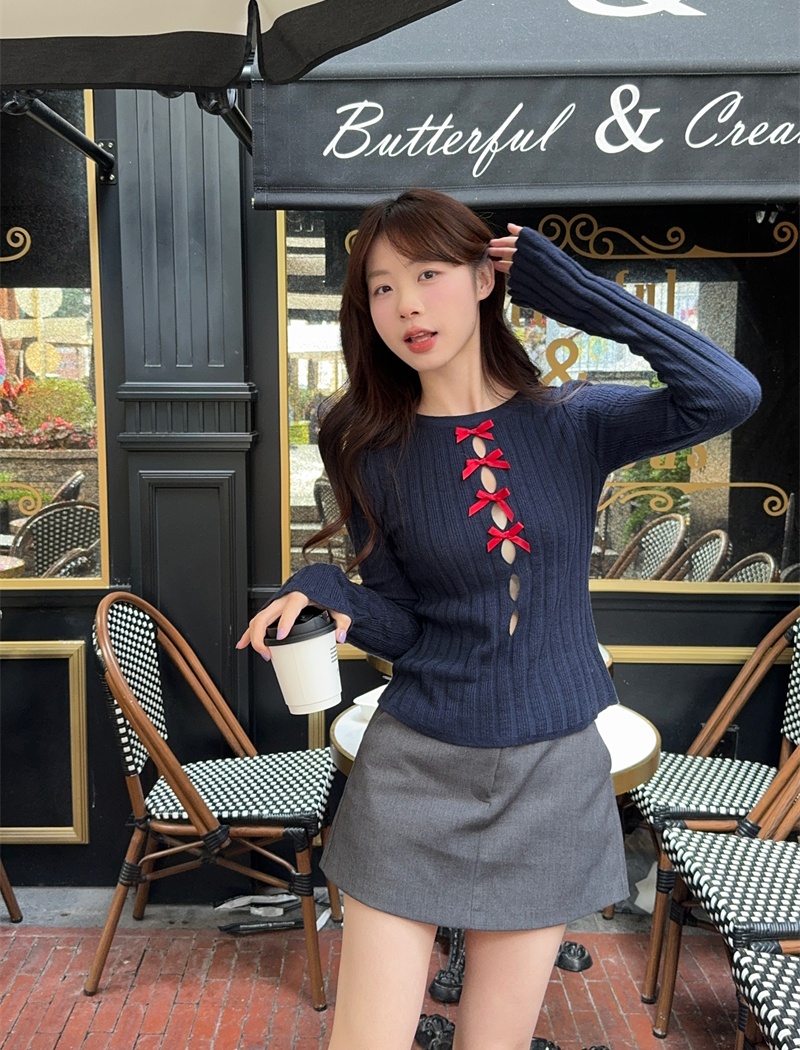 Bow autumn and winter tops pinched waist hollow sweater