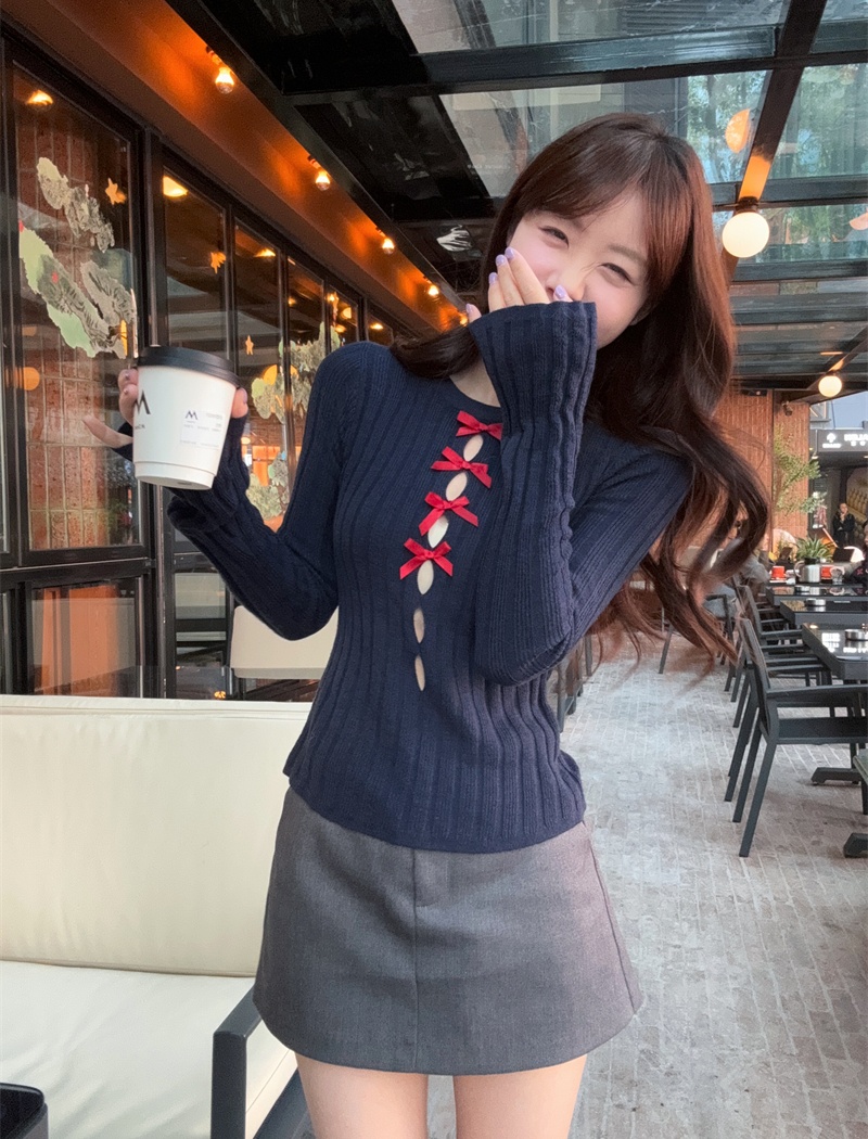 Bow autumn and winter tops pinched waist hollow sweater