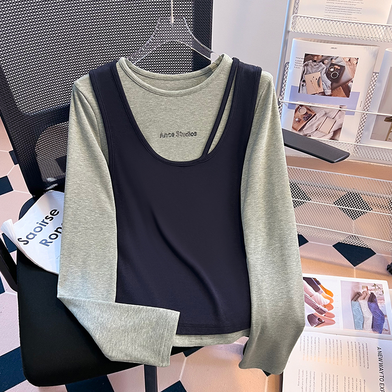 Spring long sleeve round neck retro vest 2pcs set