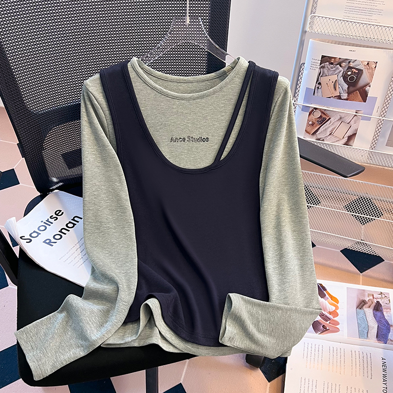 Spring long sleeve round neck retro vest 2pcs set