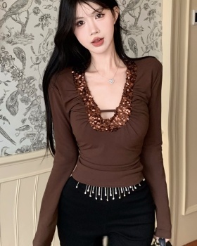 Slim splice V-neck T-shirt long sleeve knitted enticement tops