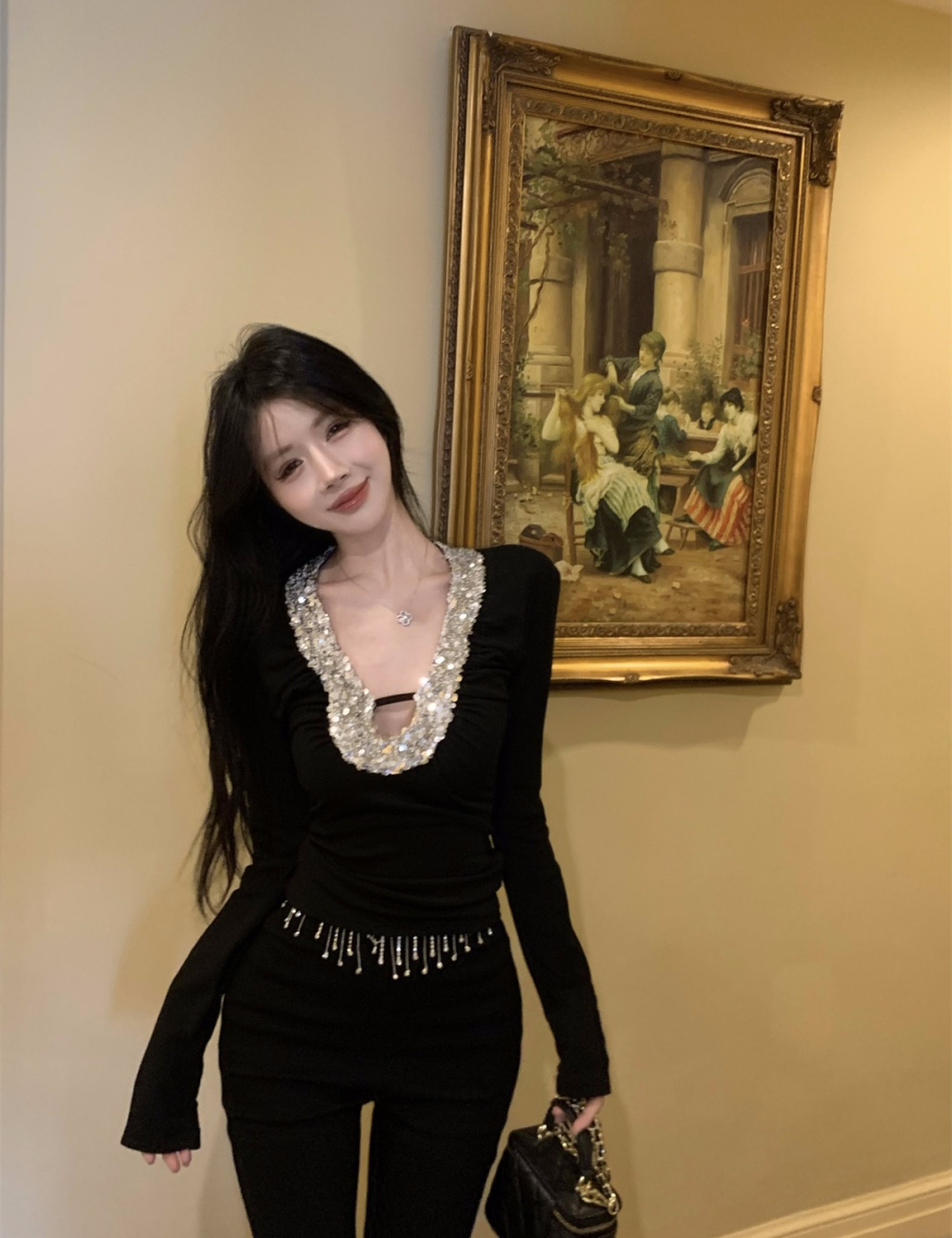 Slim splice V-neck T-shirt long sleeve knitted enticement tops