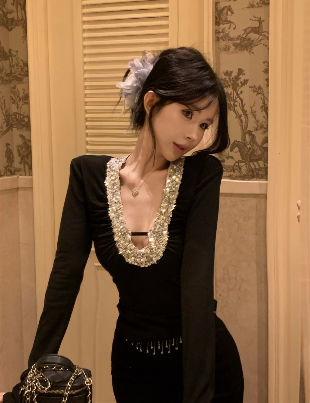 Slim splice V-neck T-shirt long sleeve knitted enticement tops