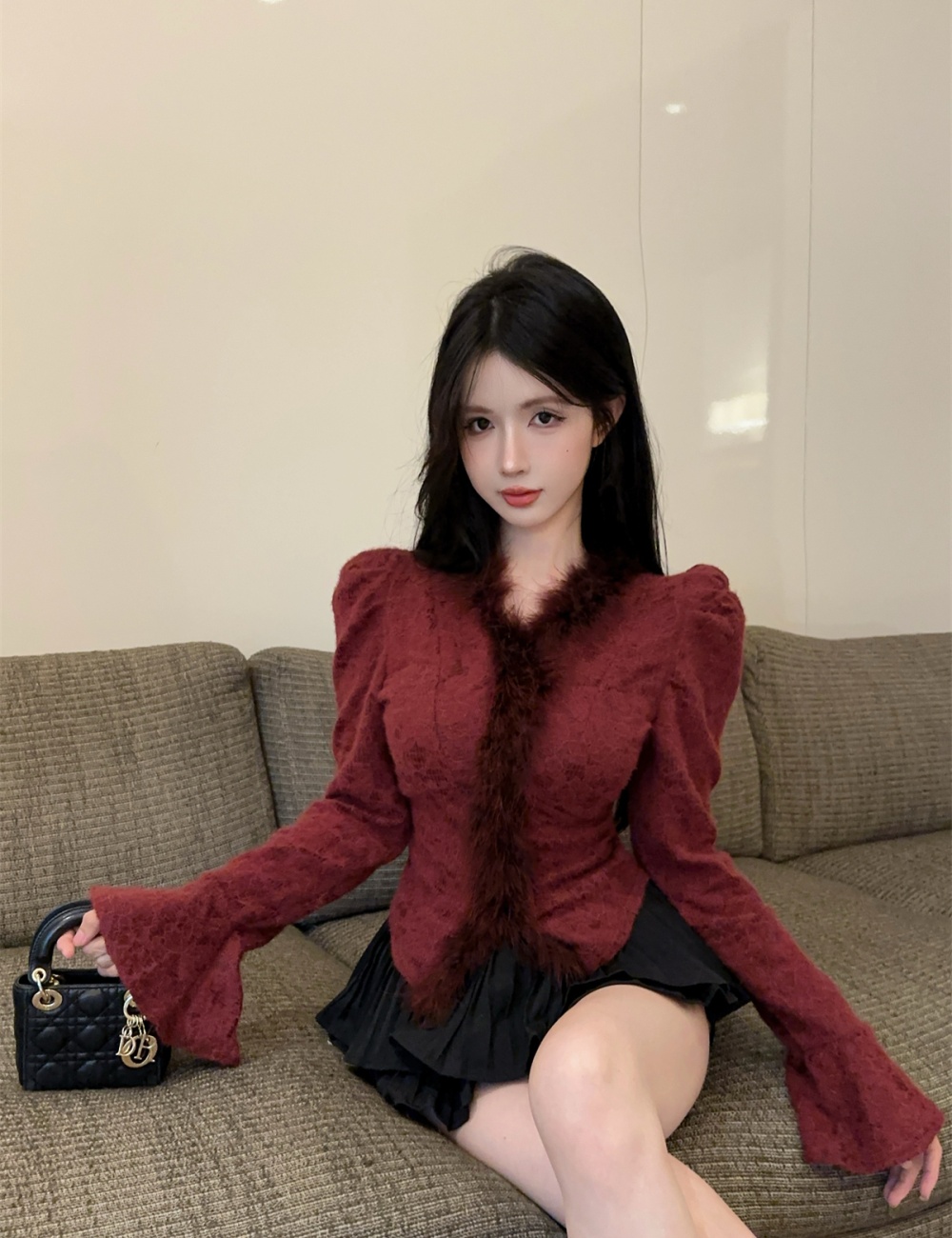 Stitching V-neck culottes lace tops 2pcs set for women