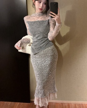 Sequins gauze tops long sleeve skirt a set for women