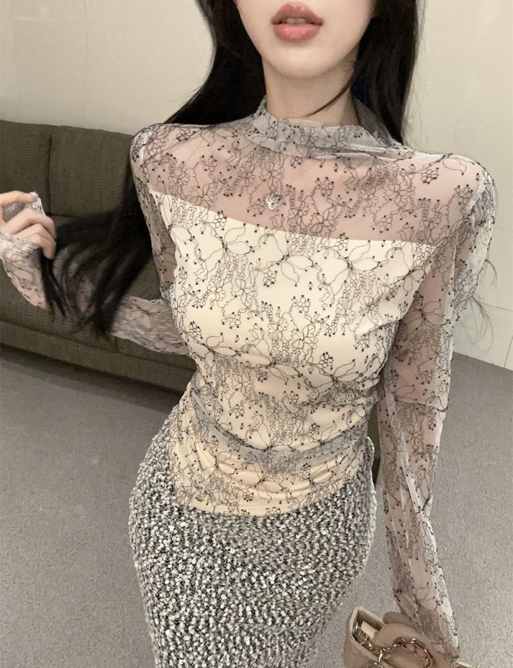 Sequins gauze tops long sleeve skirt a set for women