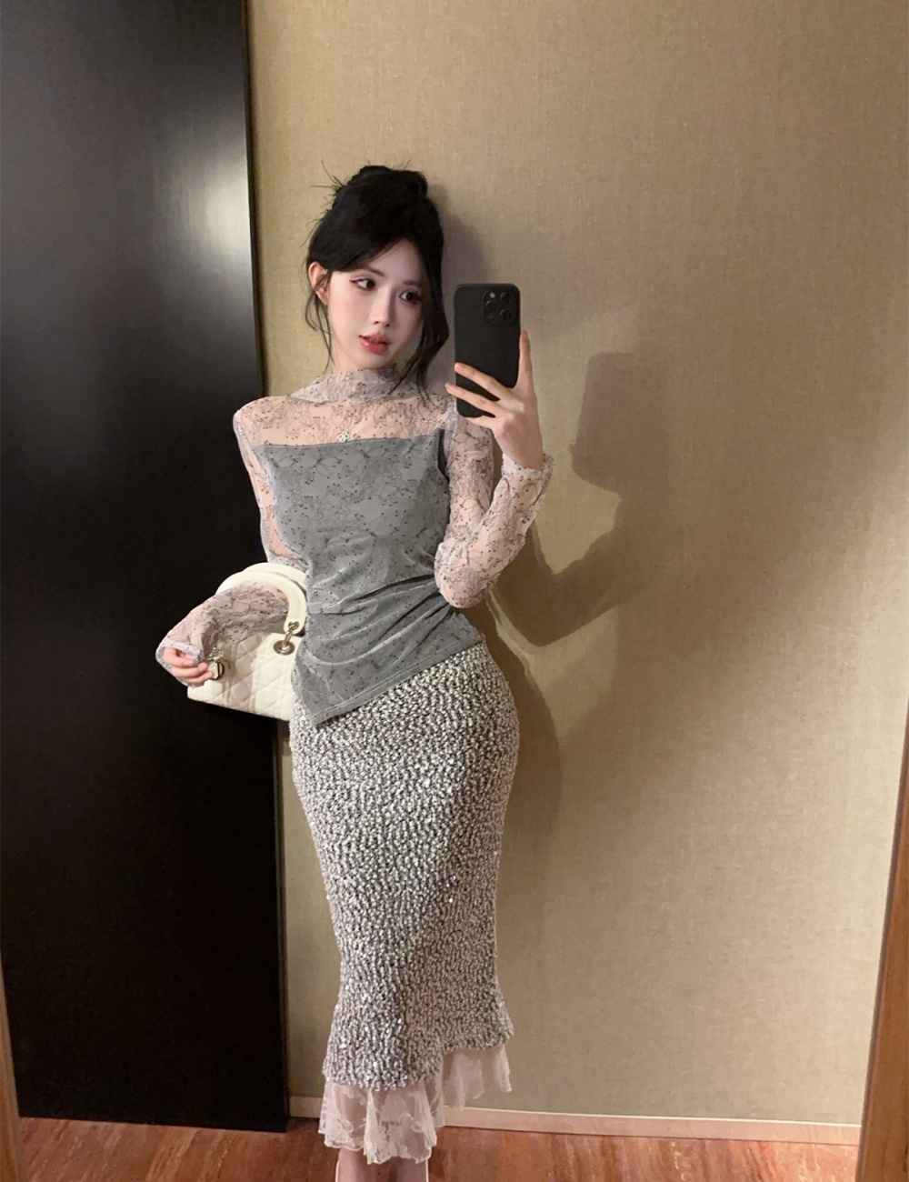 Sequins gauze tops long sleeve skirt a set for women