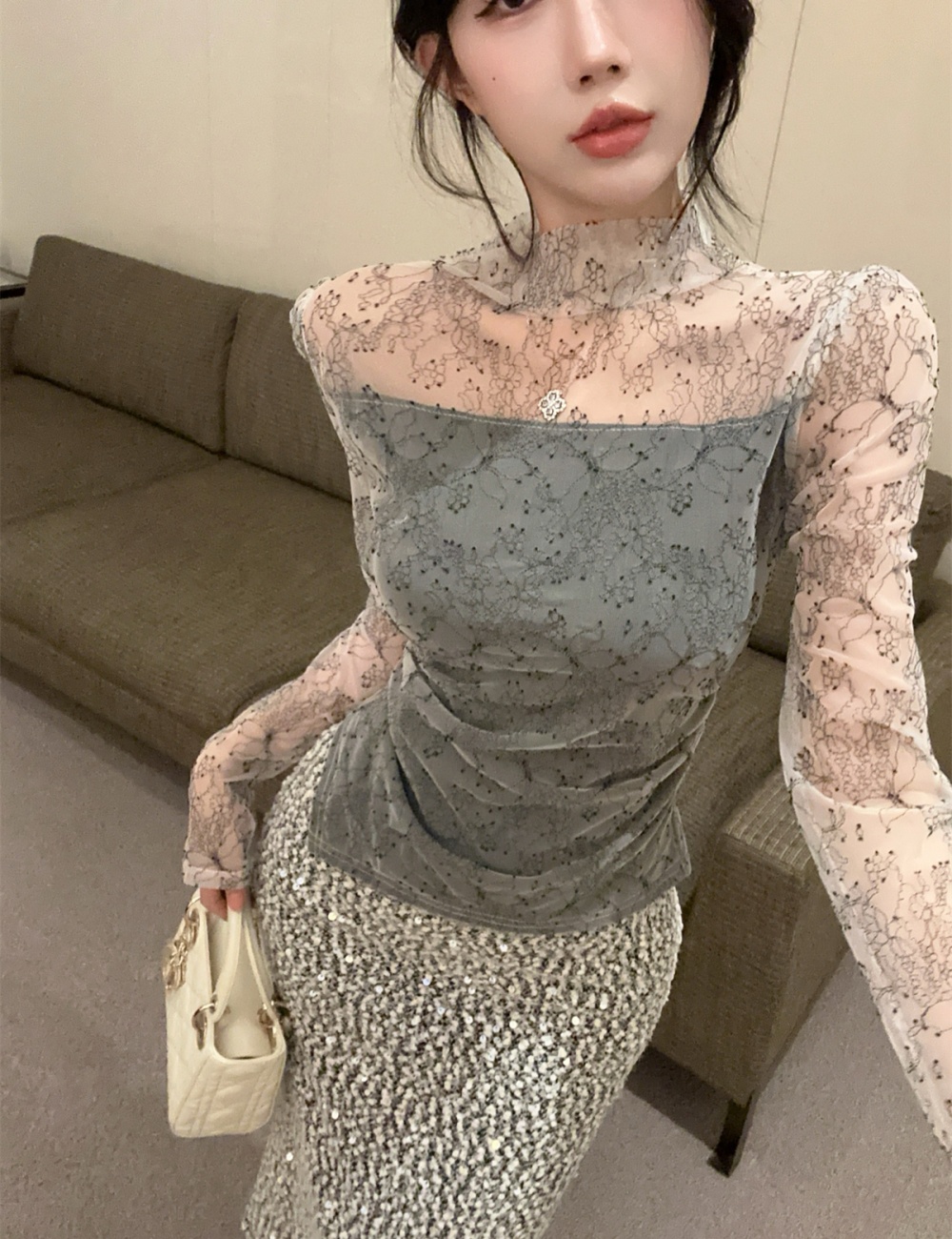 Sequins gauze tops long sleeve skirt a set for women