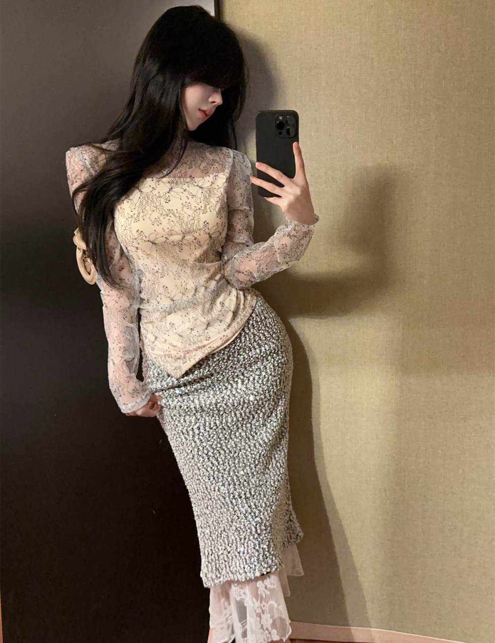 Sequins gauze tops long sleeve skirt a set for women