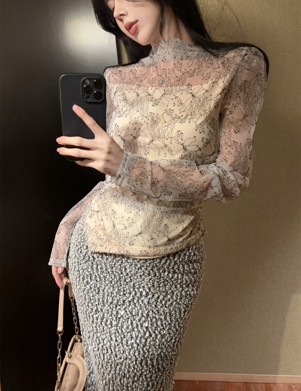 Sequins gauze tops long sleeve skirt a set for women