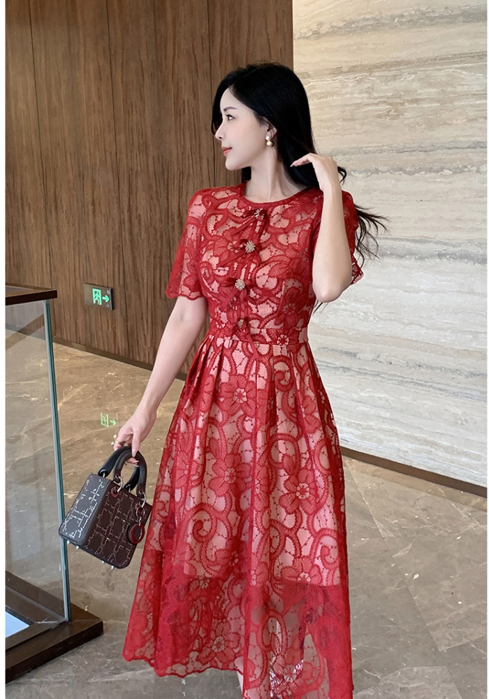 Pinched waist embroidered flowers slim dress for women