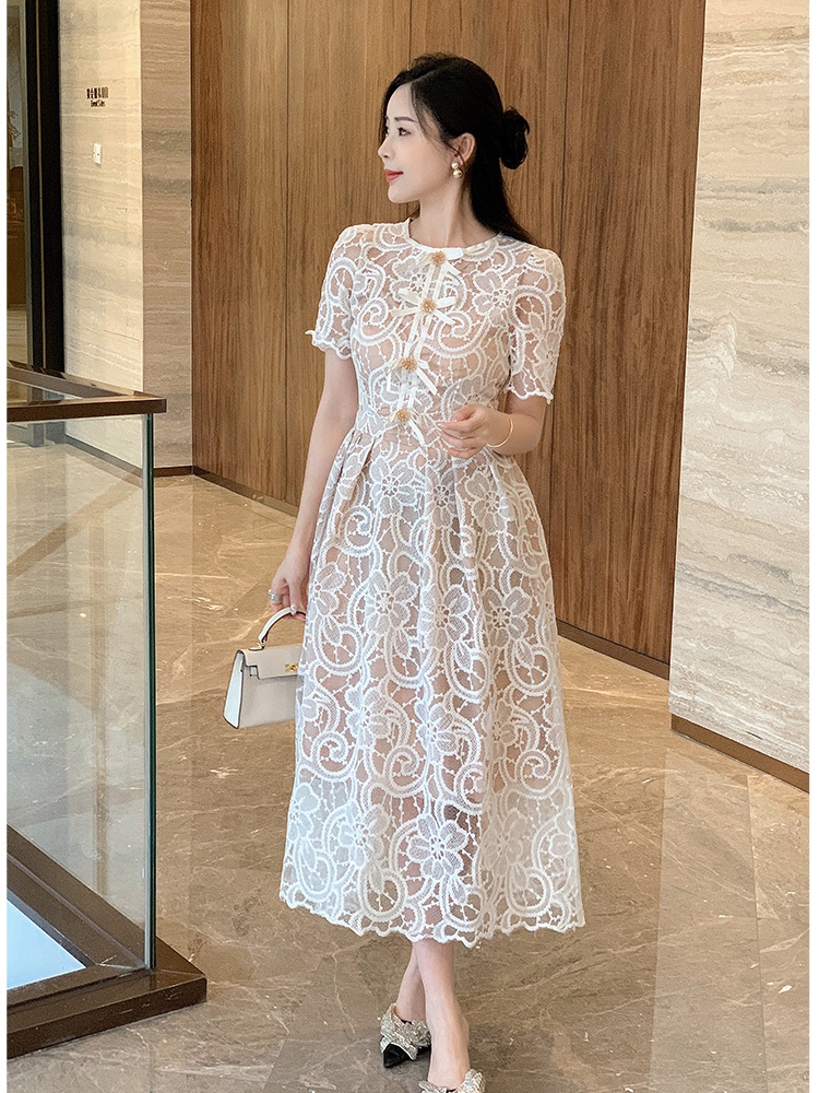 Pinched waist embroidered flowers slim dress for women