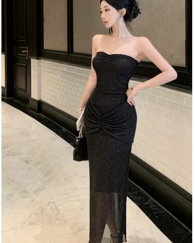 Glitter evening dress wrapped chest long dress