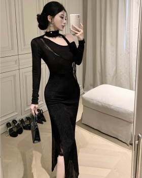 Sloping shoulder dress black long dress for women