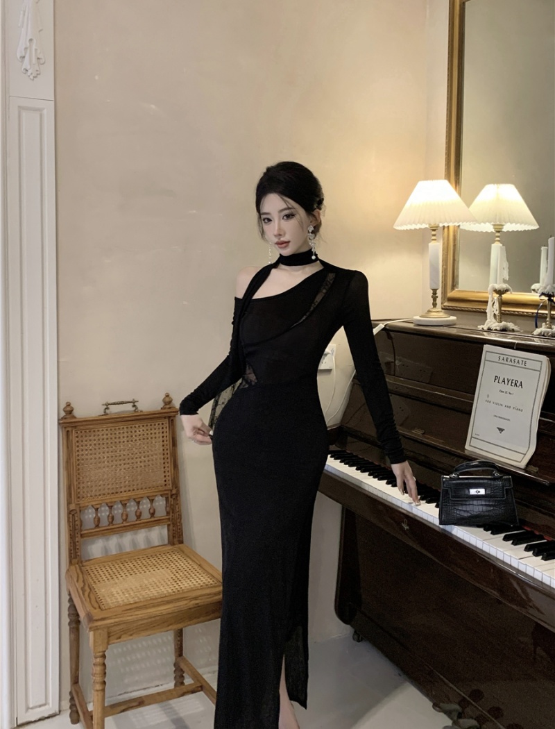 Sloping shoulder dress black long dress for women