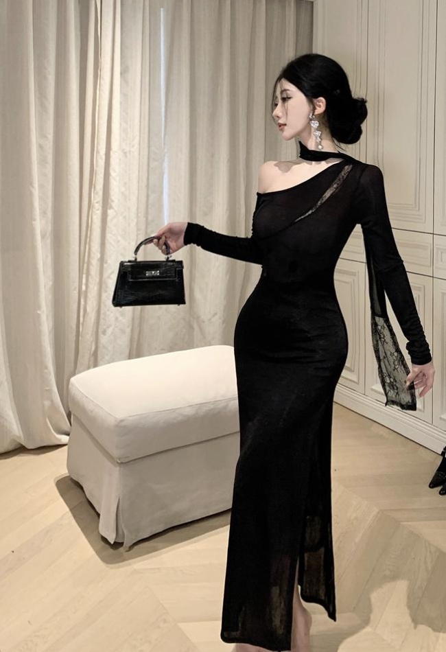 Sloping shoulder dress black long dress for women