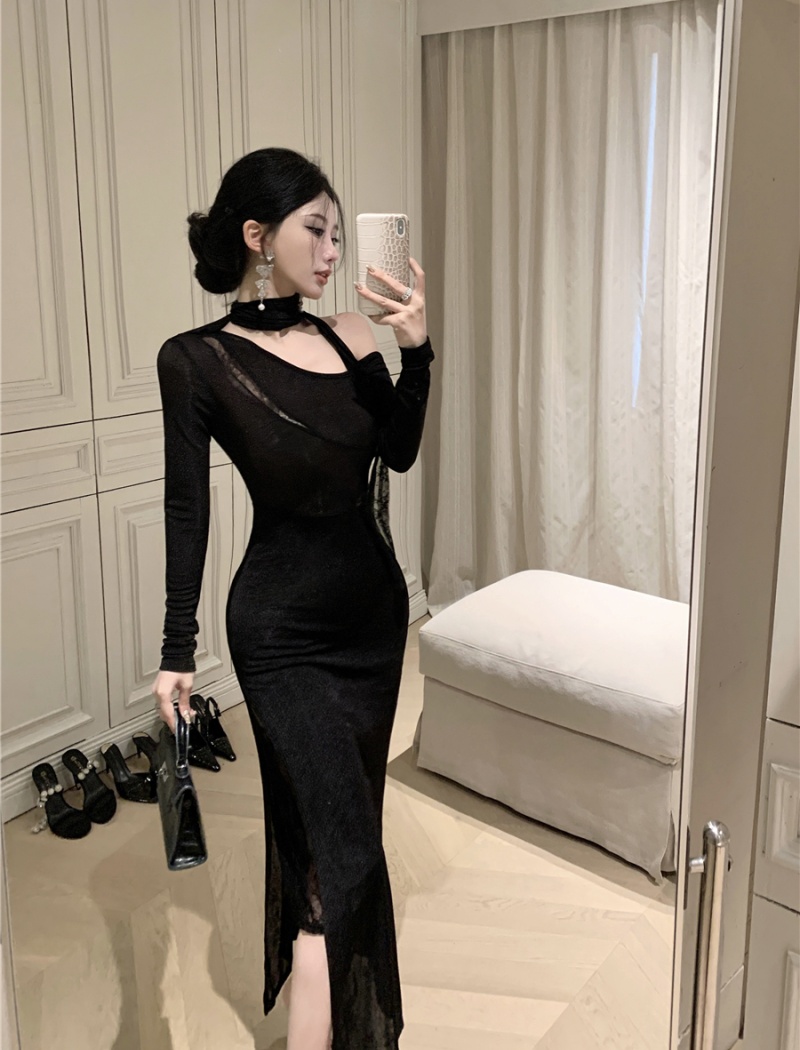 Sloping shoulder dress black long dress for women