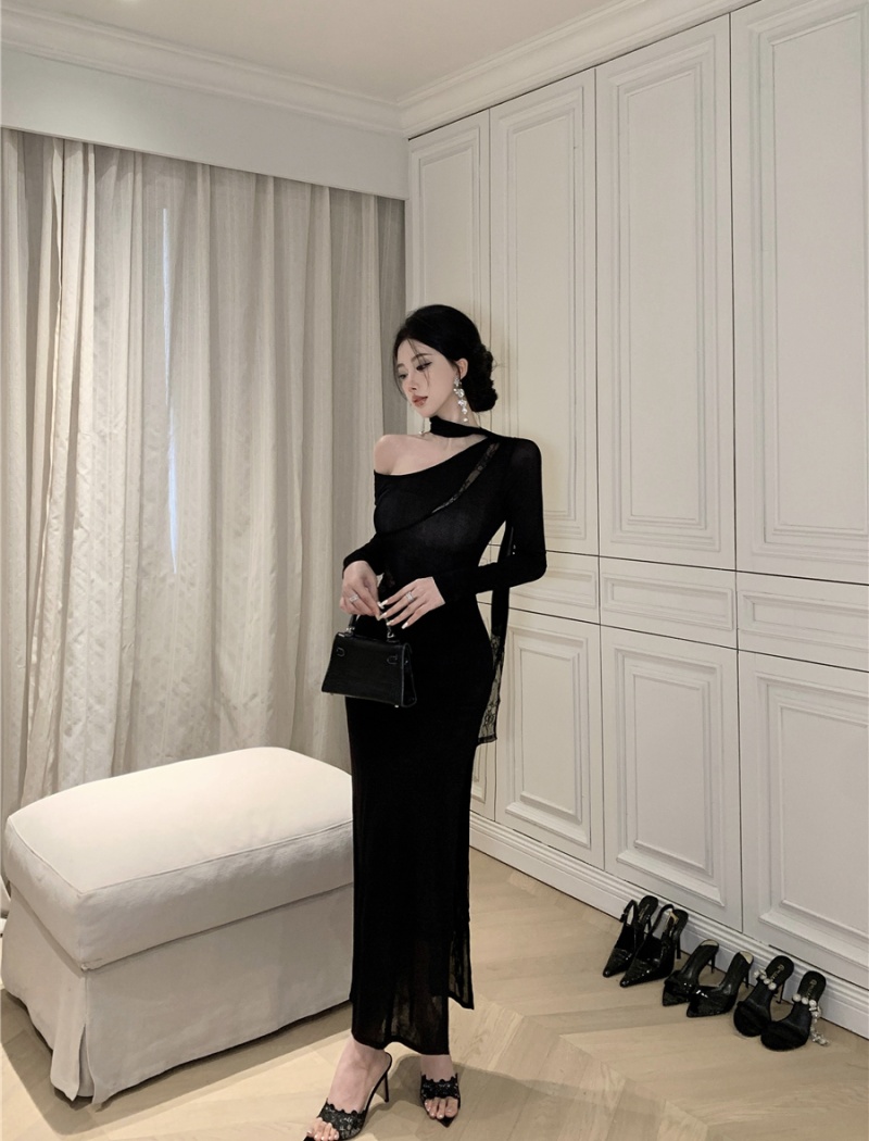 Sloping shoulder dress black long dress for women