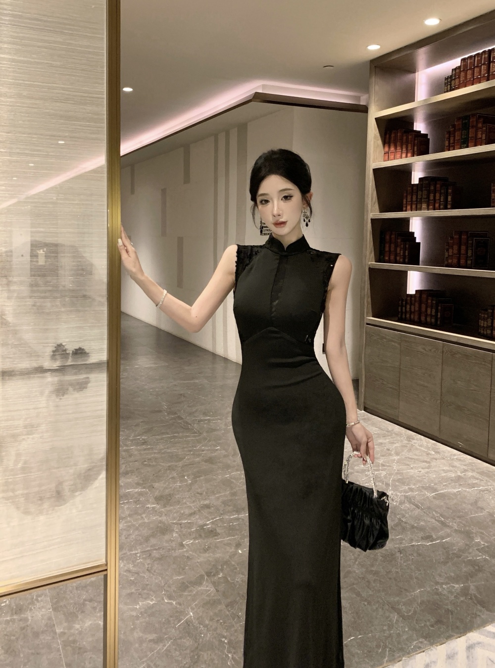 Niche retro formal dress sequins sleeveless cheongsam