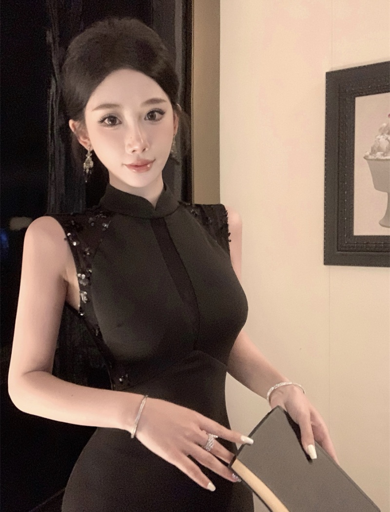 Niche retro formal dress sequins sleeveless cheongsam