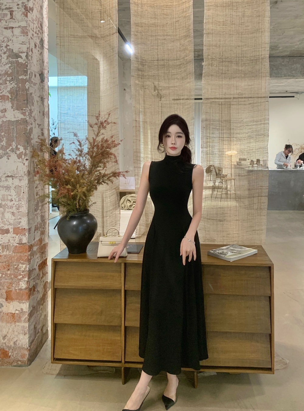 Long cstand collar dress black France style vest for women