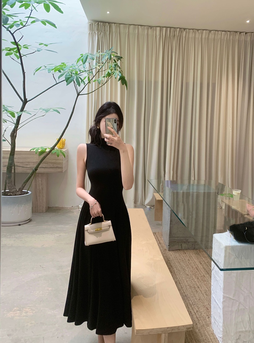 Long cstand collar dress black France style vest for women