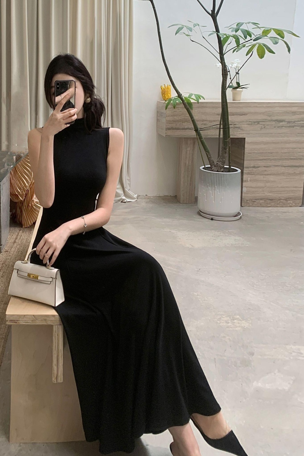 Long cstand collar dress black France style vest for women