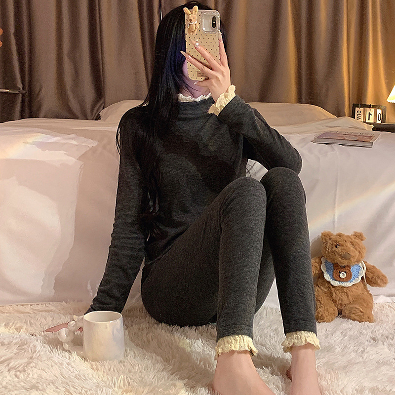 Splice lace thermal wool pajamas 2pcs set for women