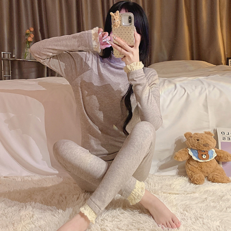 Splice lace thermal wool pajamas 2pcs set for women