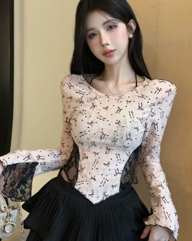 Long sleeve lace bottoming shirt halter printing tops