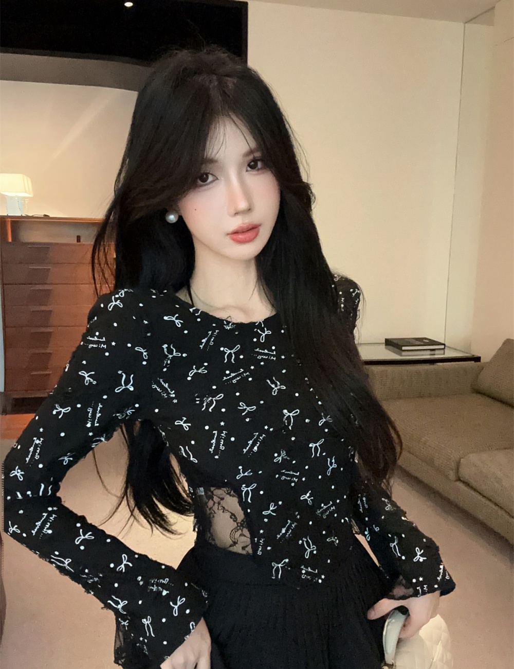 Long sleeve lace bottoming shirt halter printing tops