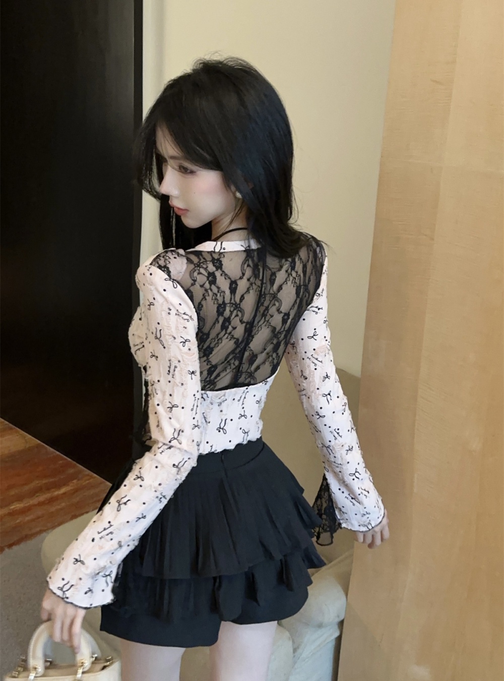 Long sleeve lace bottoming shirt halter printing tops