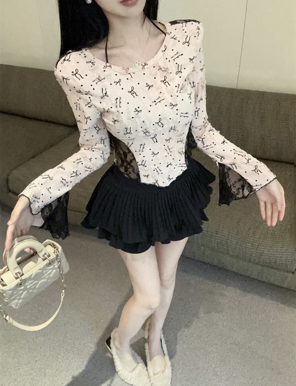 Long sleeve lace bottoming shirt halter printing tops