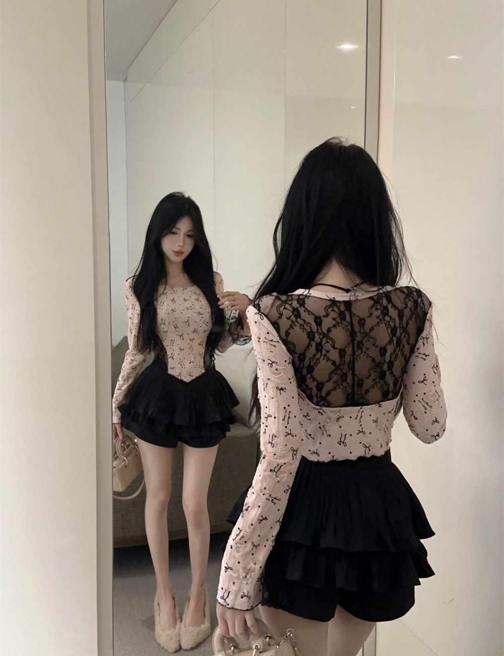 Long sleeve lace bottoming shirt halter printing tops