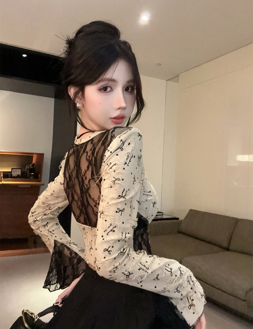 Long sleeve lace bottoming shirt halter printing tops