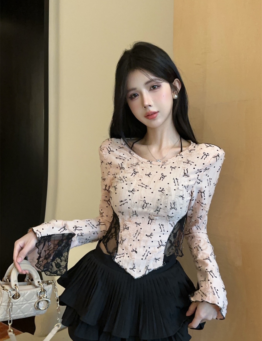 Long sleeve lace bottoming shirt halter printing tops