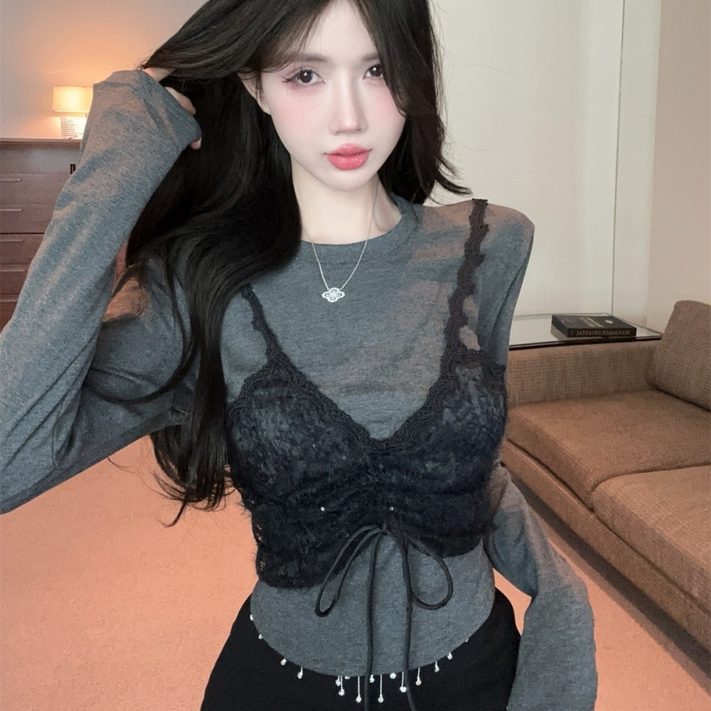 Lace sweet sling Pseudo-two sueding bottoming shirt