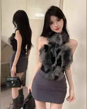 Thermal winter short skirt bow vest a set for women