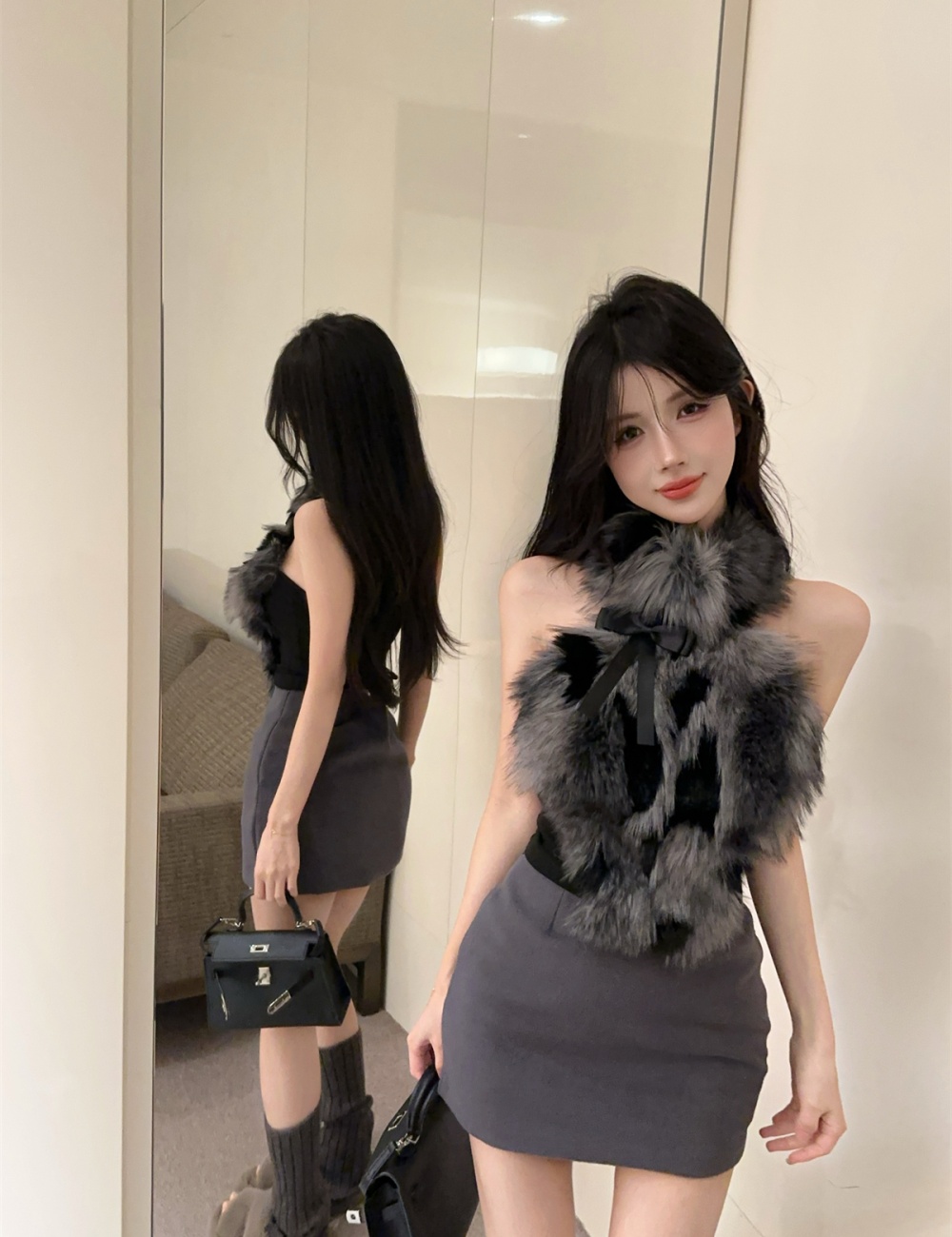 Thermal winter short skirt bow vest a set for women