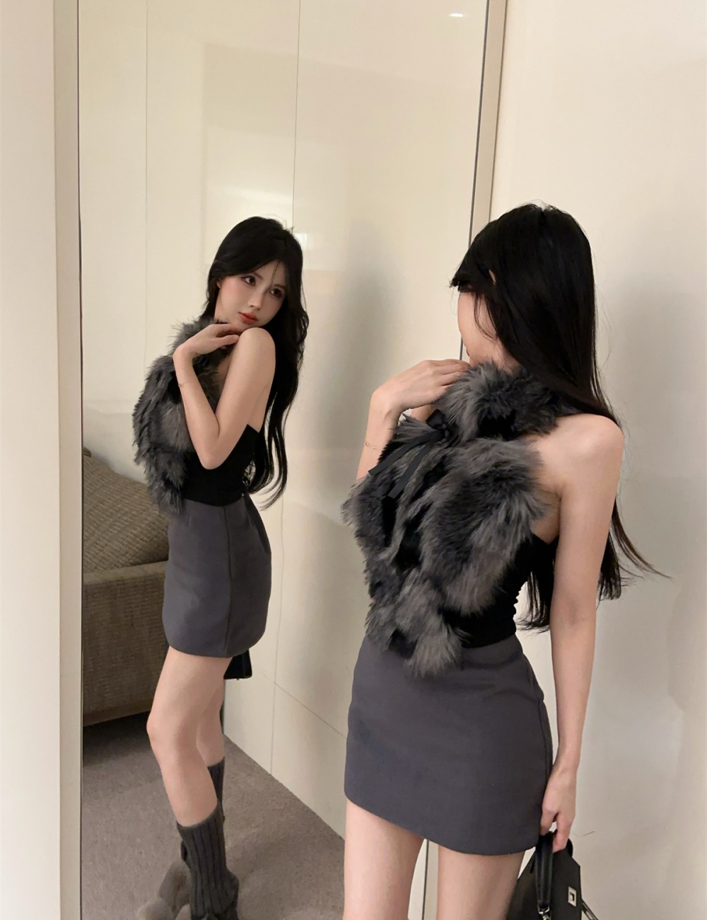 Thermal winter short skirt bow vest a set for women