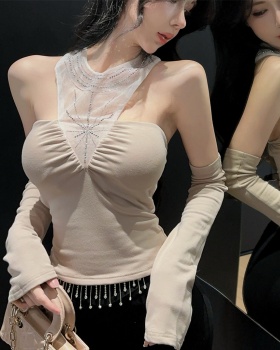 Slim sleeve splice tops rhinestone bottoming shirt