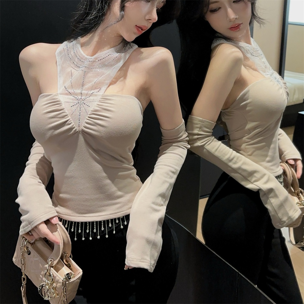 Slim sleeve splice tops rhinestone bottoming shirt