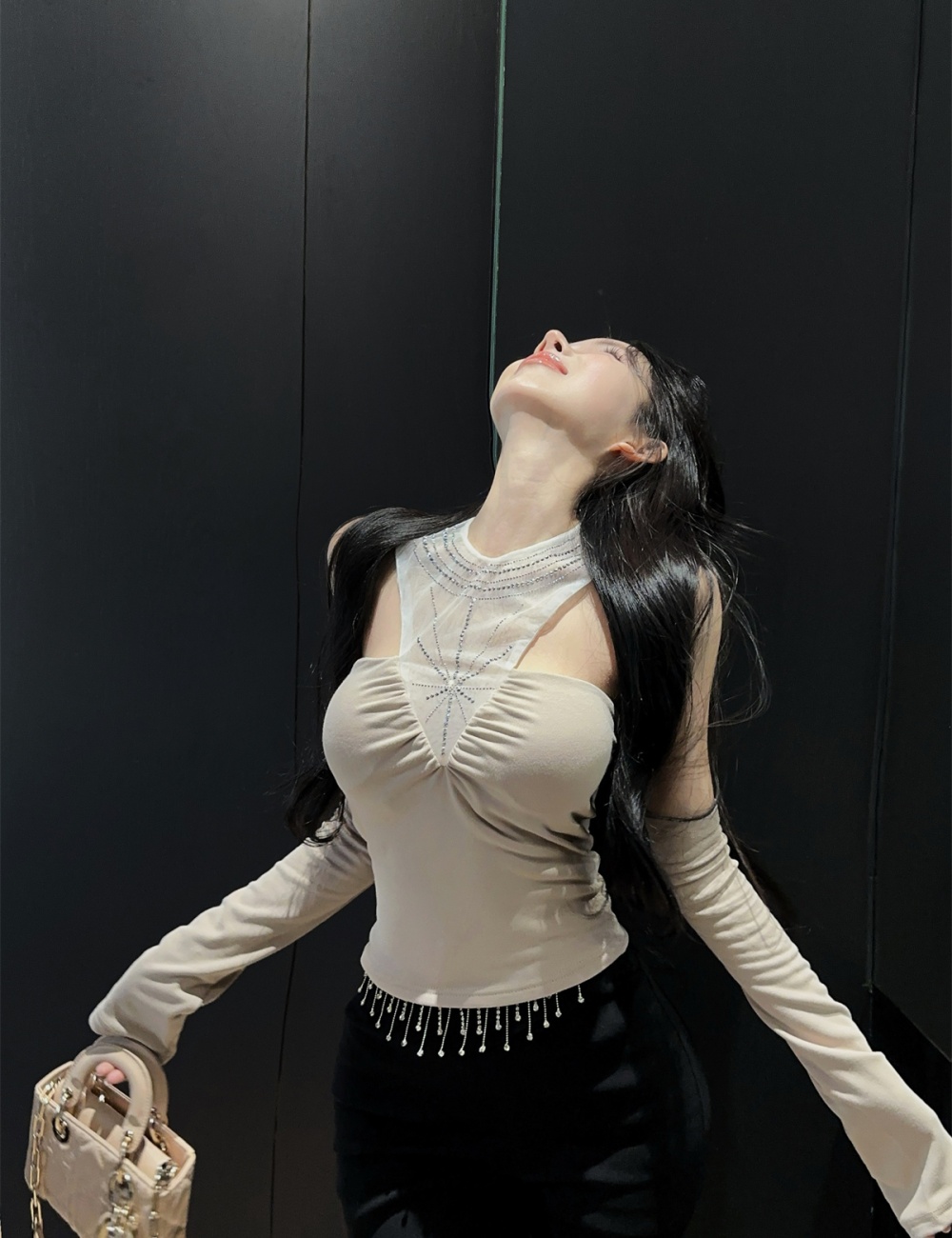 Slim sleeve splice tops rhinestone bottoming shirt