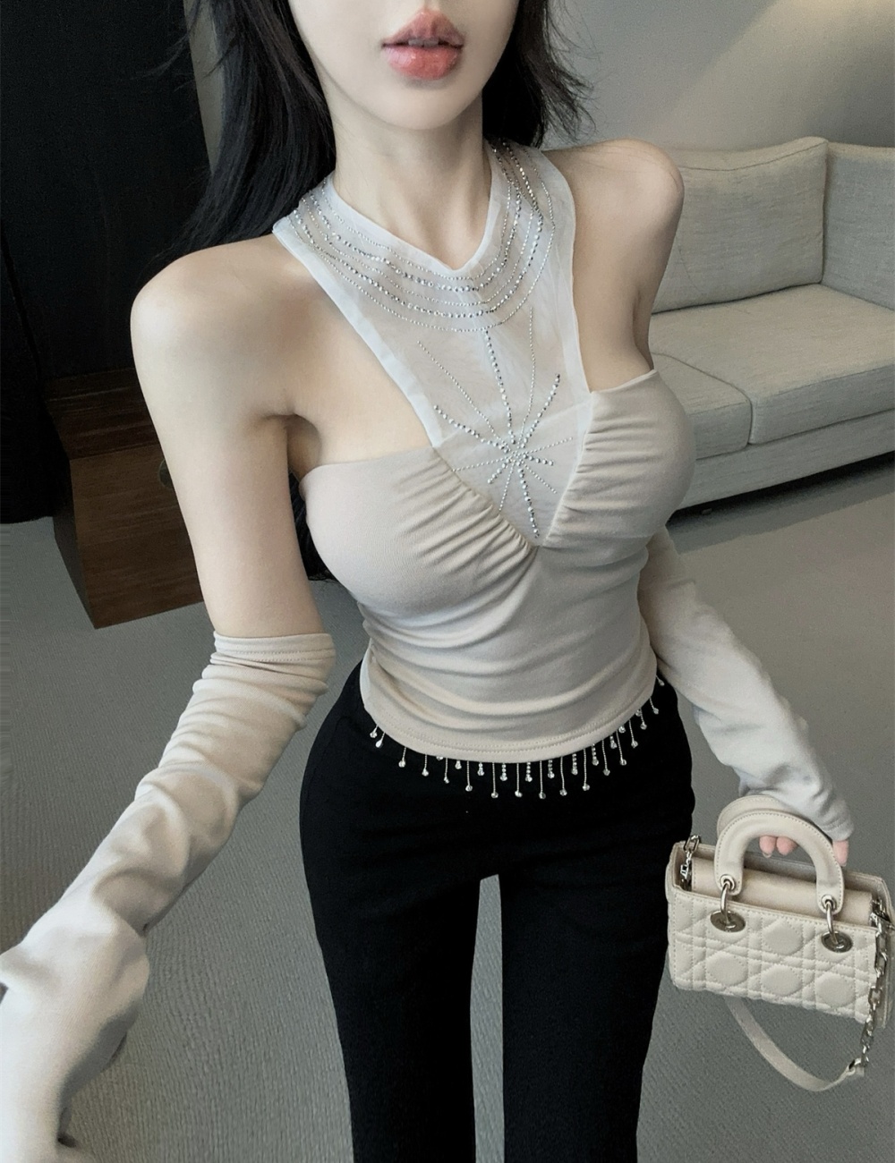 Slim sleeve splice tops rhinestone bottoming shirt