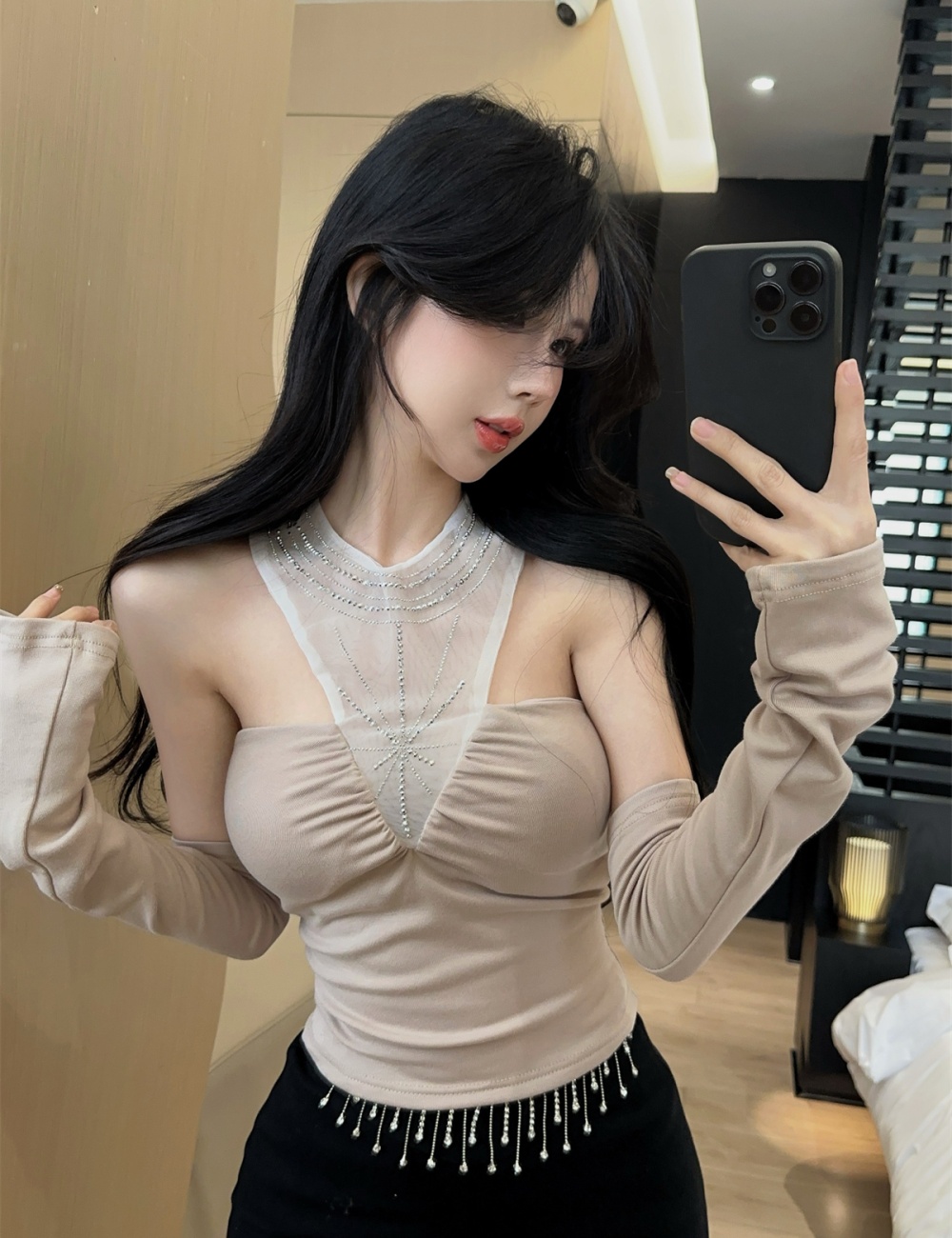 Slim sleeve splice tops rhinestone bottoming shirt