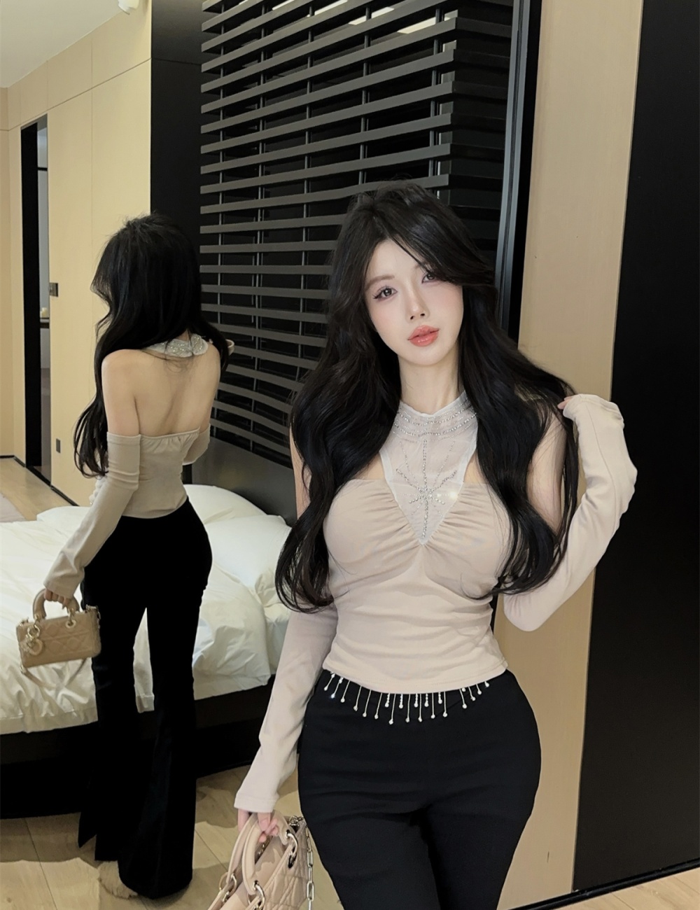 Slim sleeve splice tops rhinestone bottoming shirt