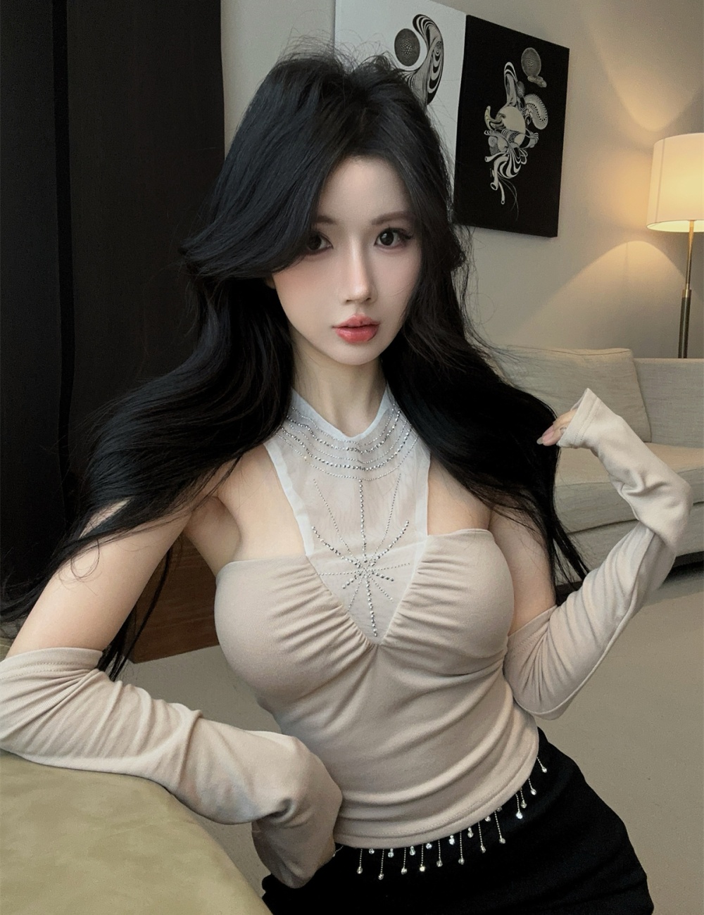 Slim sleeve splice tops rhinestone bottoming shirt